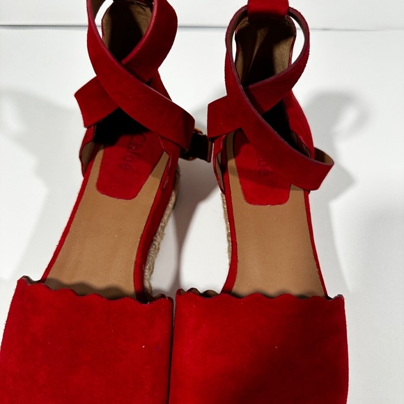 CHLOE [ Womens 39 ]‎ lauren Scalloped Suede Espadillas Platform Shoes in Red - Picture 4 of 15